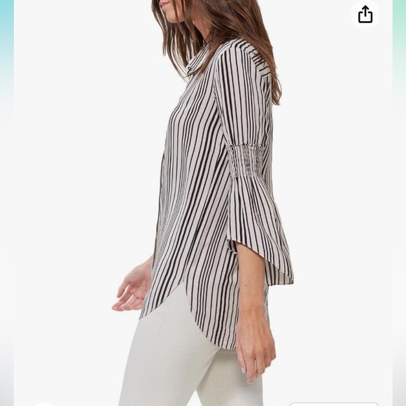 Halston Heritage Smocked Detail Bell Sleeve Striped Button Up Blouse Top XS - Picture 2 of 14